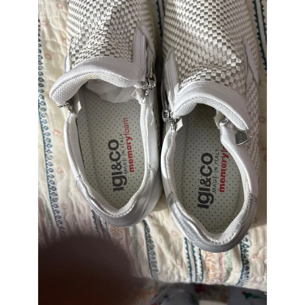 Igi&Co Woven Leather White Metallic Comfort Sneakers‎ Italy sz 9